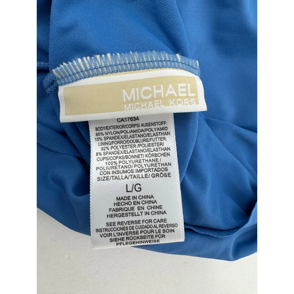 Michael Kors Womens Blue One Shoulder Ruffle Tankini Gold Chain Logo Charm Sz L